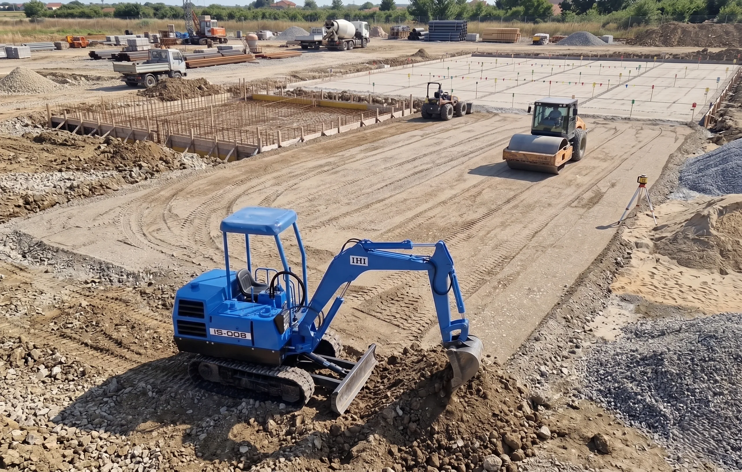 Excavator albastru pe santier pentru nivelare teren