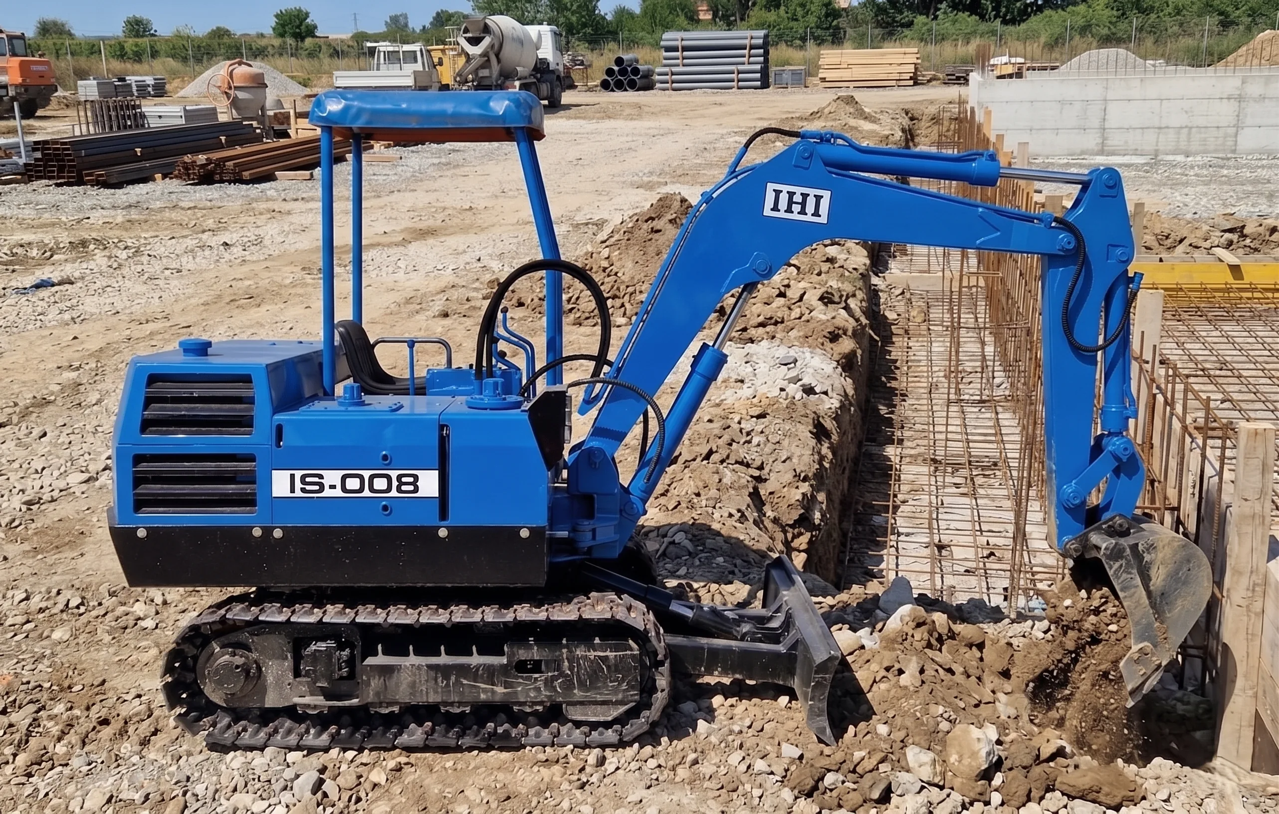Excavator albastru la sapaturi de fundatie